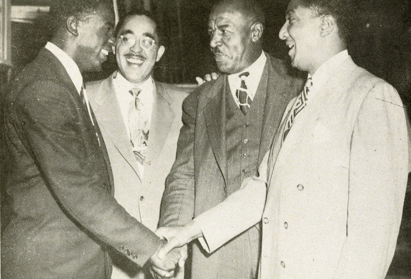 (L to R) Jackie Robinson, Wendell Smith, Duke Slater, Ralph Metcalfe